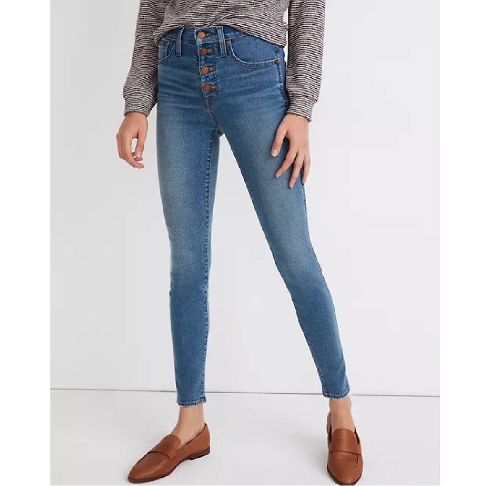 MADEWELL 10-Inch High Rise Button Front Skinny Jeans in Dewitt Wash Women’s 30